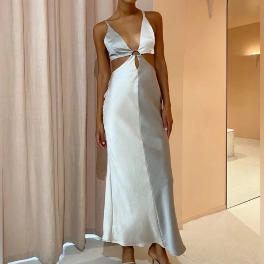 Bec + Bridge Stone Grey Satin Colorblock Felix V Cut Out Maxi Dress - Picture 1 of 14